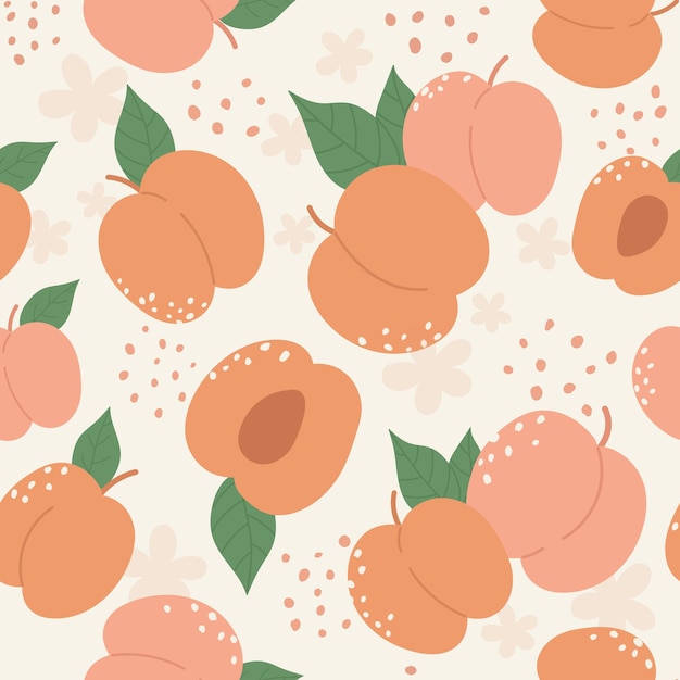 桃やアプリコットフルーツのシームレスなパターンデザインは、夏の桃の流行の植物学のテクスチャを設定します