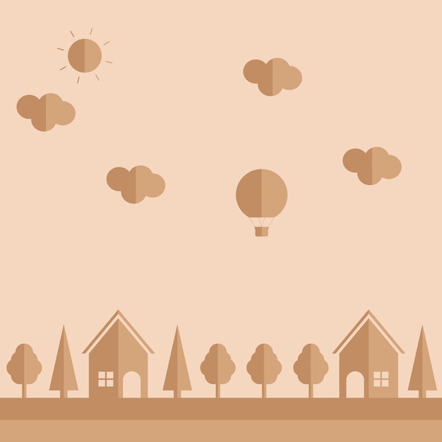 A peach background with a house and trees and the sun