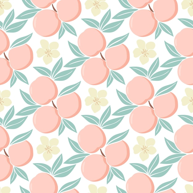 Peach blossom background peach fruits flowers and foliage seamless pattern vector illustration print