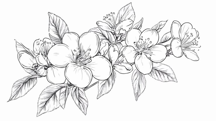 Vector peach blossom coloring page with hand drawn floral design
