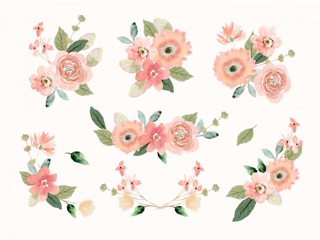 Vector peach flower arrangement collection in watercolor style