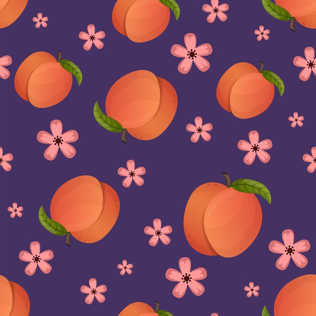 Peach fruit and plants seamless pattern Peach in cartoon style repeated backdrop Whole fruit and cut half Food template for background textile wrapping paper wallpaper Vector illustration