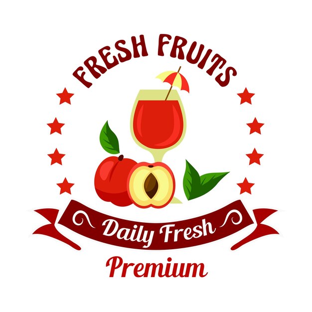 Peach fruit with juice icon for farm market design