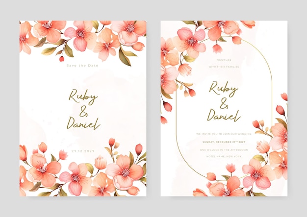 Vector peach magnolia luxury wedding invitation with golden line art flower and botanical leaves shapes watercolor