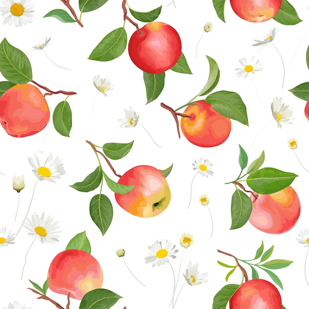 Peach pattern with daisy tropic fruits leaves background