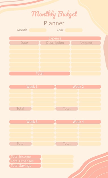 Vector peach theme monthly budget planner