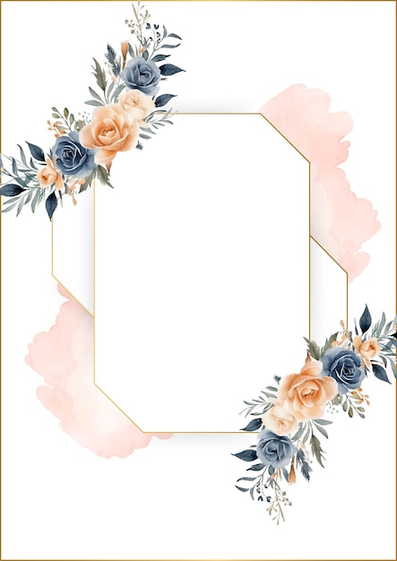 Peach white and blue vector frame with foliage pattern background with flora and flower