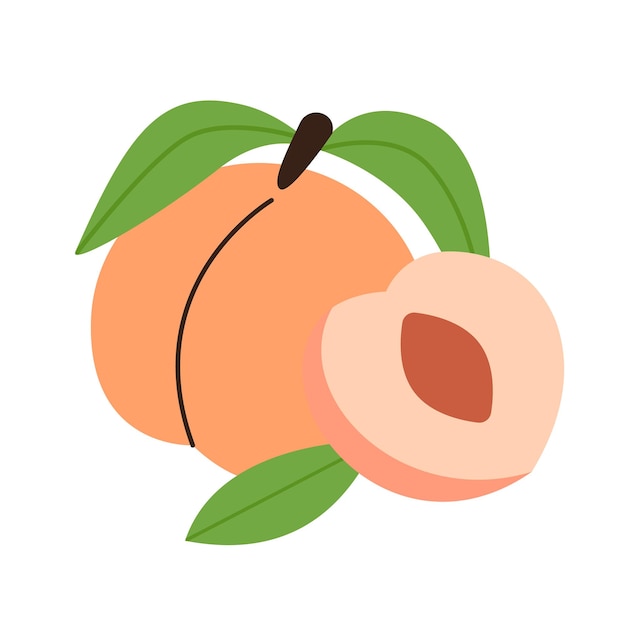 Персик целиком и ломтик с листьями фруктов вегетарианский витамин значок здоровой пищи