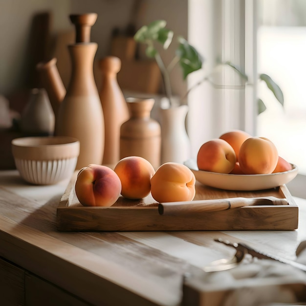 Vector peaches on a cutting kitchen wooden board blurred kitchen background