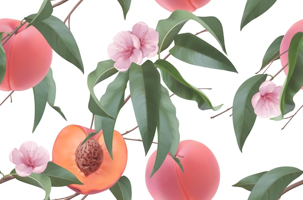 Peaches, fruit flowers and leaves. Seamless pattern. 3d realistic vector background