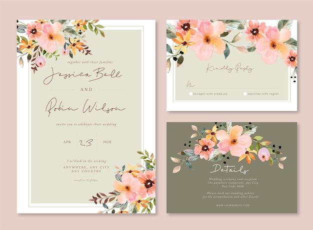 Peachy watercolor floral wedding invitation template