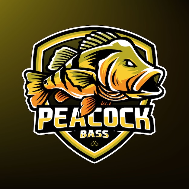 Logo della mascotte sport pesca del basso pavone