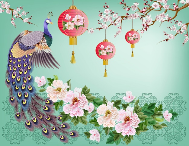 Peacock on the branch, plum blossom and cranes bird 