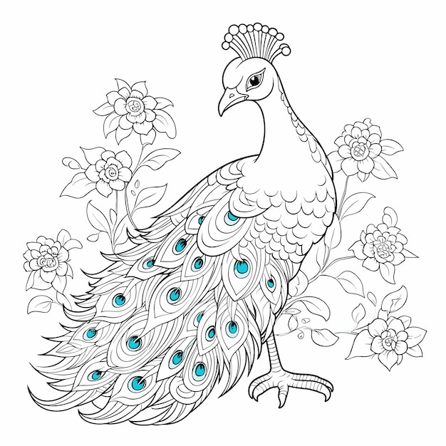 Vector peacock cartoon bird for coloring page black and white coloring book or page for children