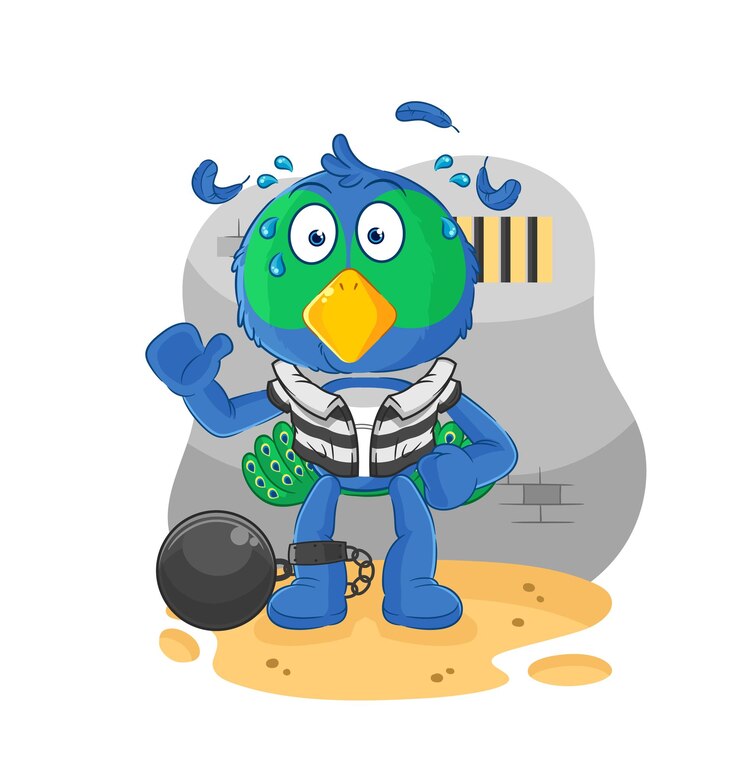 Vector peacock criminal in jail cartoon character