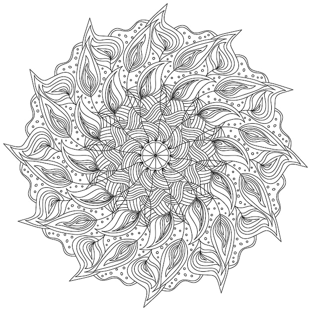Вектор Мандала павлиньего пера очерчивает медитативную раскраску страницы в форме круга с завитками и полосатыми элементами