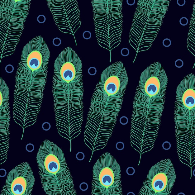 Peacock feathers on a dark background. Seamless pattern