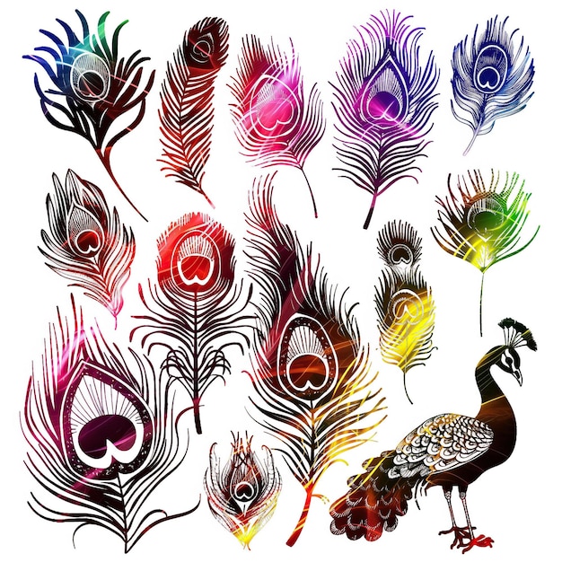 Peacock Feathers flat vector set illustration high quality