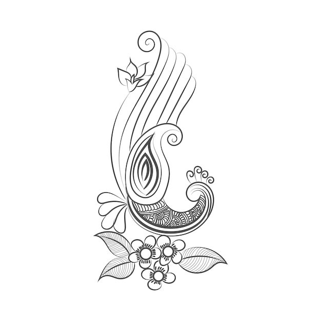 Vector peacock and flower hand drawn line art design