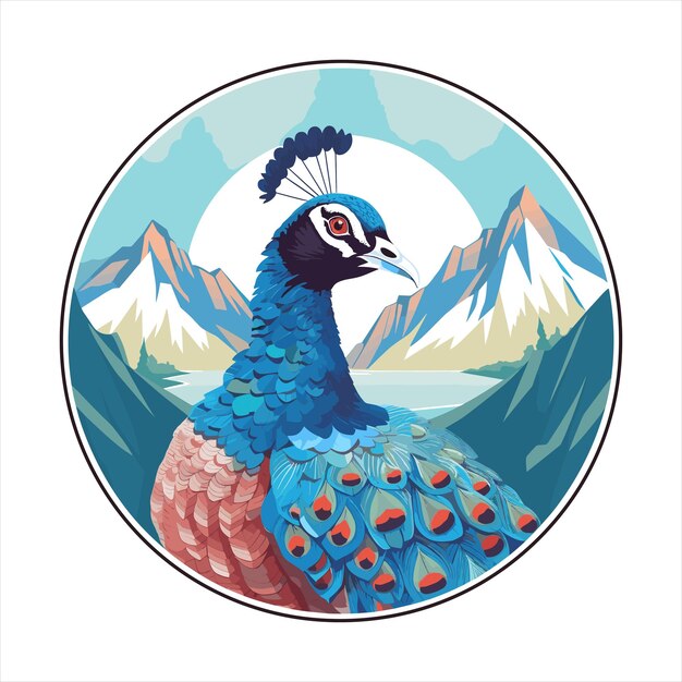 Vector peacock kleurrijke cartoon kawaii karakter sneeuwbergen dieren huisdieren sticker geïsoleerde illustratie