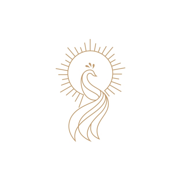 Vector peacock logo with sun background in line art design style