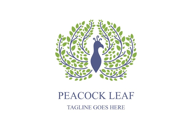 Peacock Peafowl Bird met vers groen blad laat gebladerte Logo Design Vector