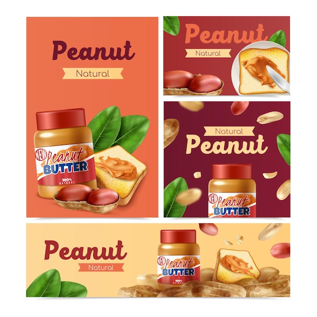 Peanut realistic banners set with whole nuts and snacks with peanut butter