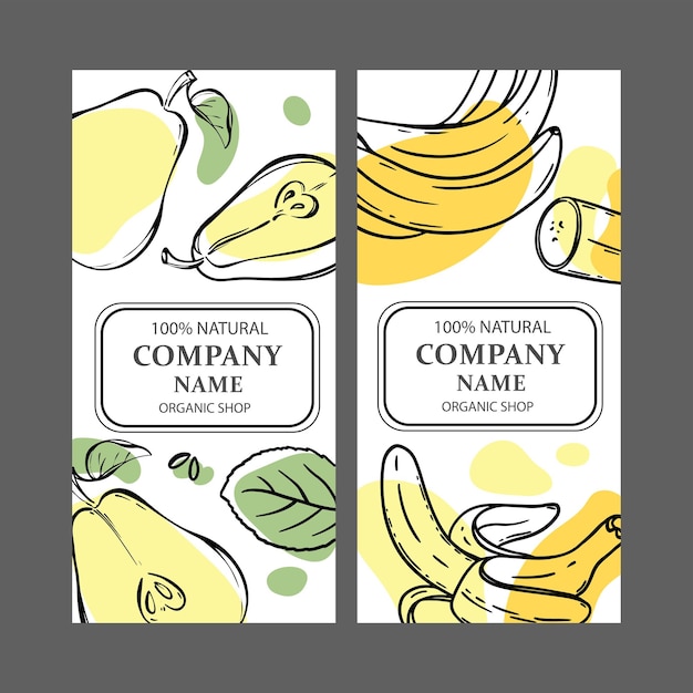 Etichette pera banana set di illustrazioni vettoriali per schizzi verticali