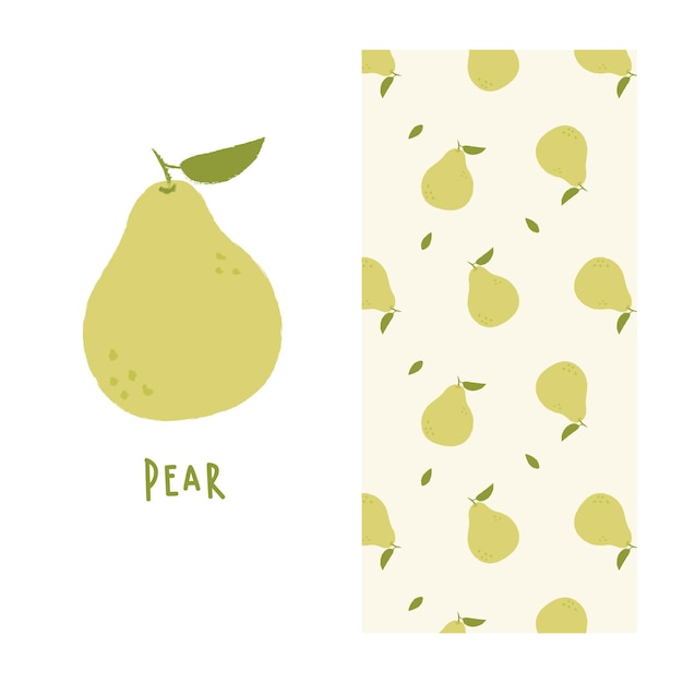 A pear and a card with the word pear on it.