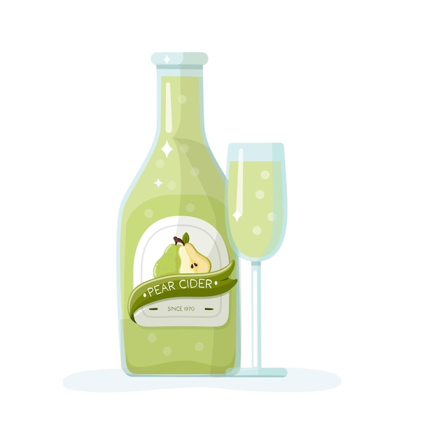 Vector pear cider bottle and glass set