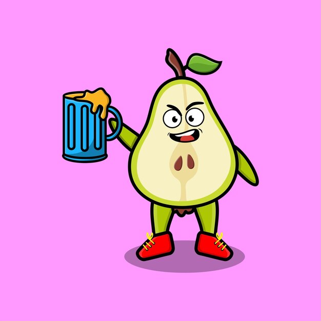 Pear fruit cartoon mascot character with beer glass and cute stylish design