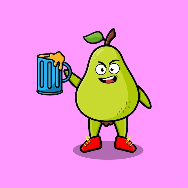 Pear fruit cartoon mascot character with beer glass and cute stylish design