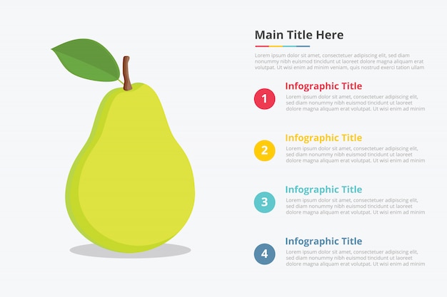 Infographics della frutta della pera con una descrizione di titolo del punto