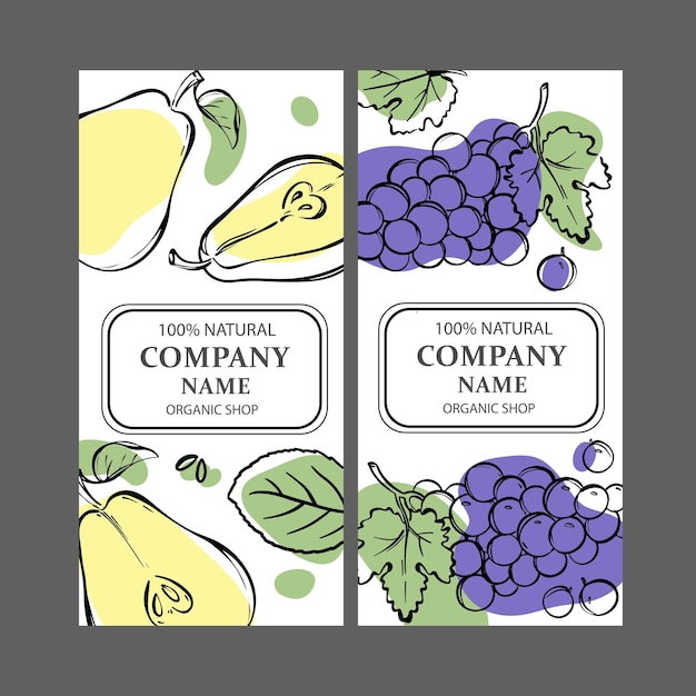 Vector pear grape labels vertical sketch vector illustration set