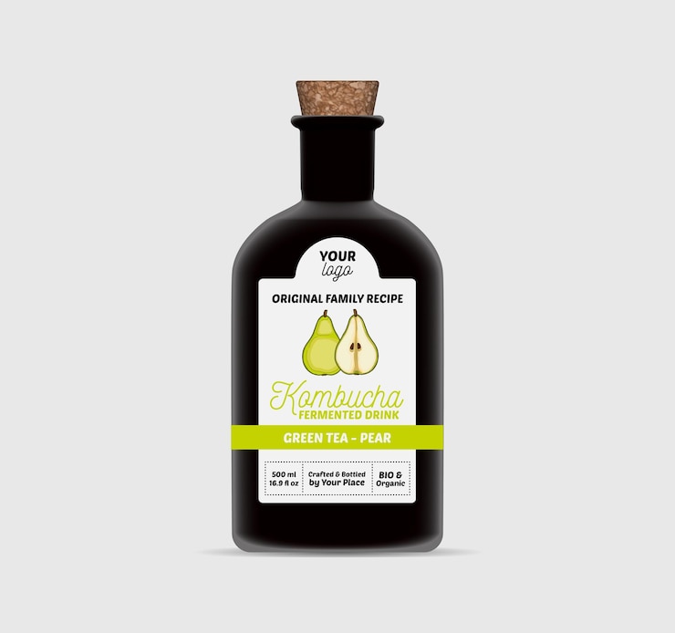 Vector pear kombucha label template tea bottle packaging isolated