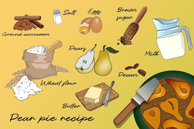 Рецепт грушевого пирога и ингредиенты Векторная плоская иллюстрация