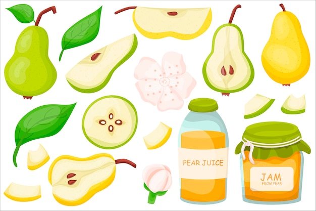 Pera set duchessa deliziosi e sani frutti estivi una corretta alimentazione inceppano il succo di illustrazione vettoriale per il tuo design in stile piatto flat