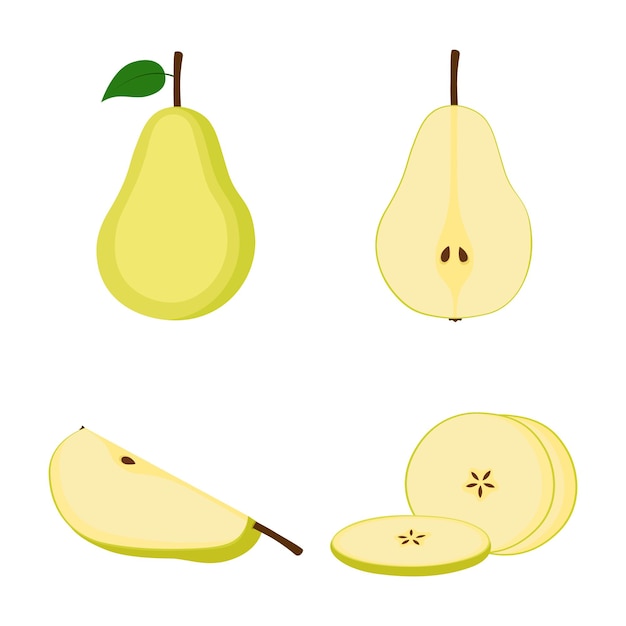 Pear, whole fruit, half and slices on white background, vector illustration