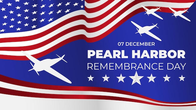 Pearl Harbor Remembrance Day background with us waving flag and three planes