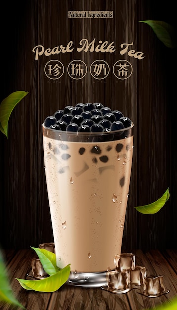 Pearl milk tea ads with rich tapioca on wooden background