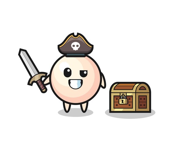 The pearl pirate character holding sword beside a treasure box , cute style design for t shirt, sticker, logo element