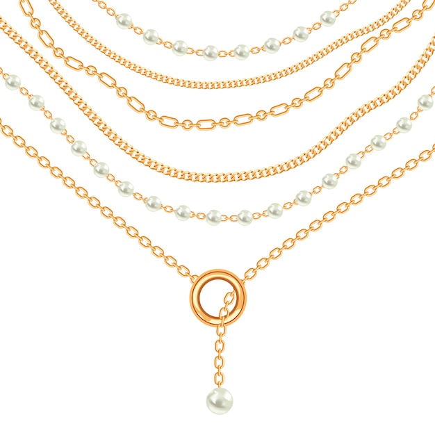 Vector pearls and chains golden metallic necklace