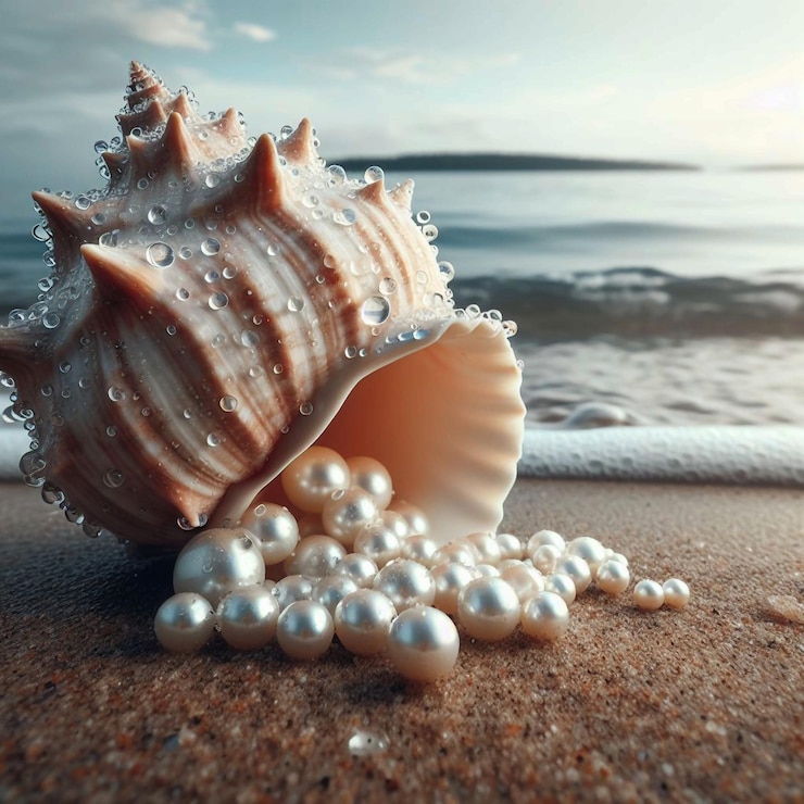 Vector pearls spilling from a shell on the beach