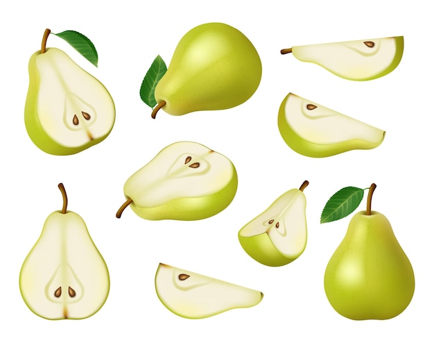 Вектор Коллекция груш зеленые и желтые вкусные здоровые фрукты достойные реалистичные векторные изображения набор выделенных из органического грушевого нарезанного сока и сырой вкусной иллюстрации