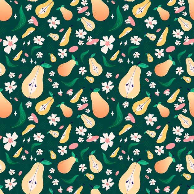 Vector pears with flowers and leaves pear slices of summer fruits seamless pattern
