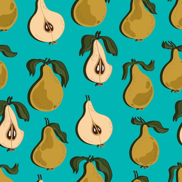 Pears with leaves whole and chopped pear seamless pattern background for wallpaper fabric paper scrapbooking menu and packaging