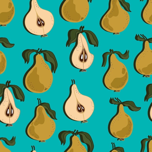 Pears with leaves whole and chopped Pear seamless pattern Background for wallpaper fabric paper scrapbooking menu and packaging