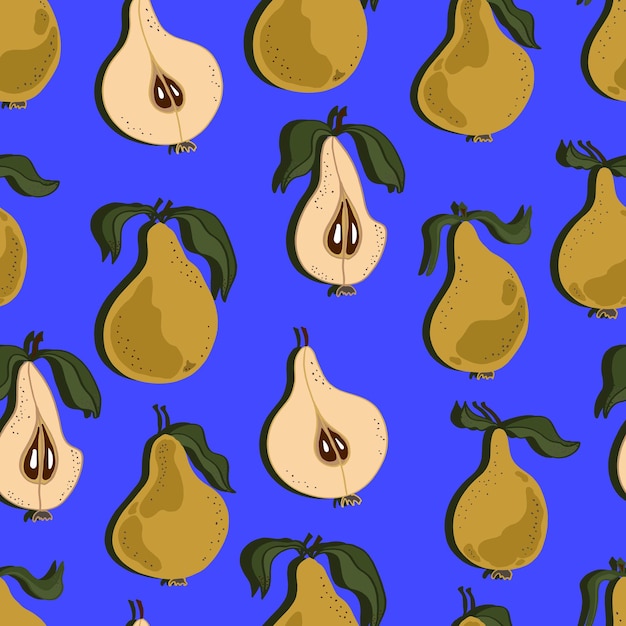 Vector pears with leaves whole and chopped pear seamless pattern background for wallpaper fabric paper scrapbooking menu and packaging