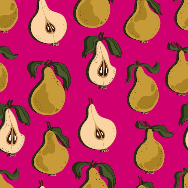 Pears with leaves whole and chopped Pear seamless pattern Background for wallpaper fabric paper scrapbooking menu and packaging