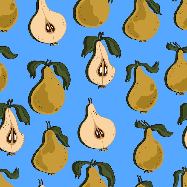 Pears with leaves whole and chopped Pear seamless pattern Background for wallpaper fabric paper scrapbooking menu and packaging